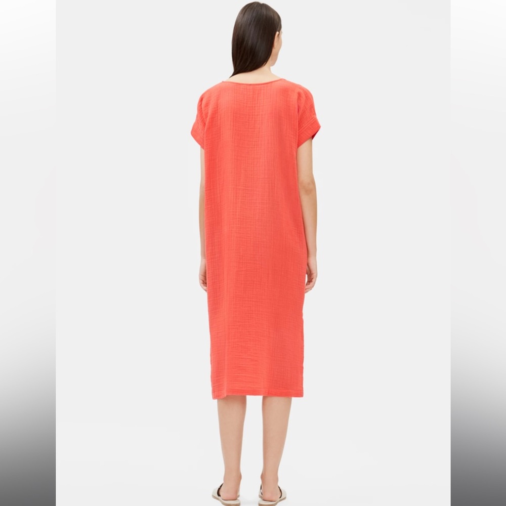 EILEEN FISHER Organic Cotton Gauze V-Neck Short Sleeved Dress in Orange - Picture 8 of 8